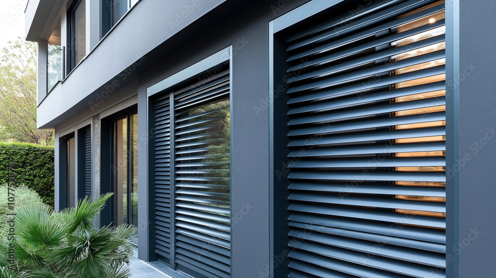 Modern residential building exterior with blue horizontal window shutters and surrounding greenery.