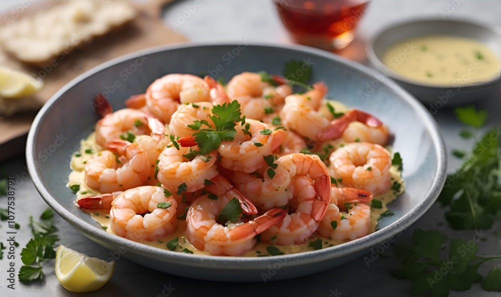 A shiny garlic butter glaze coats the golden shrimp. A shiny garlic butter glaze coats the golden shrimp.