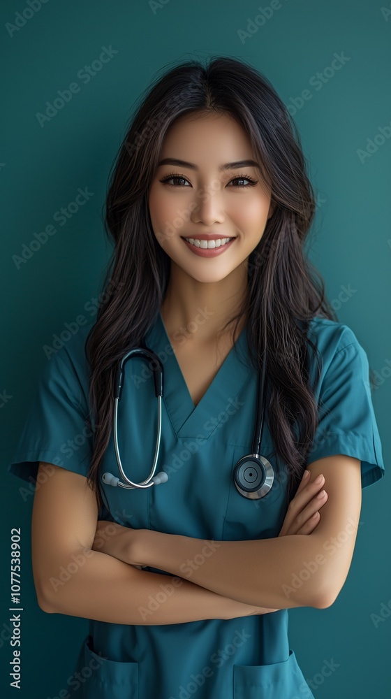 Confident Smiling Asian Nurse with Arms Crossed, Solid Green Background, Healthcare Professional, Medical Worker Confident Smiling Asian Nurse with Arms Crossed, Solid Green Background, Healthcare Professional, Medical Worker