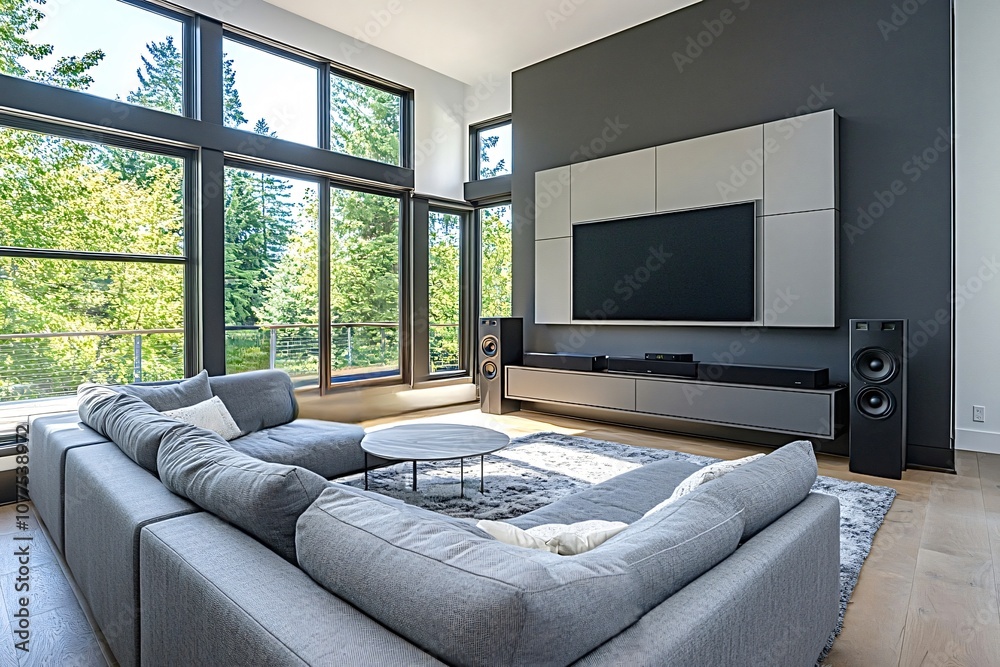 Cozy gray sectional sofa in a modern living room with a wall-mounted tv ...