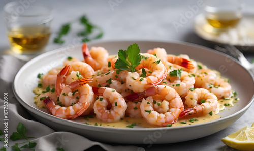 A shiny garlic butter glaze coats the golden shrimp.