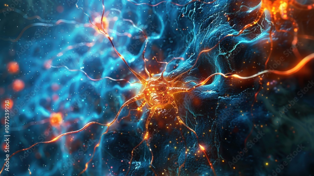 An artistic depiction of brain cells, using bright colors and abstract patterns An artistic depiction of brain cells, using bright colors and abstract patterns