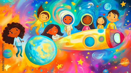 A colorful illustration of children in space suits exploring the cosmos on a rocket ship, surrounded by planets, stars, and a vibrant galaxy.