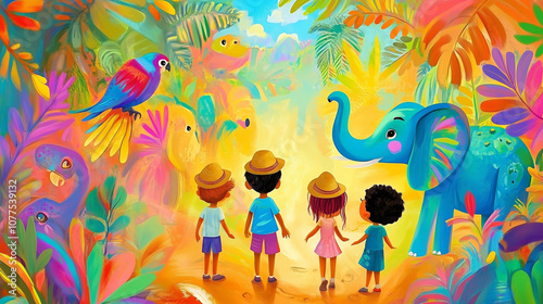 A colorful jungle safari scene with children in hats encountering friendly animals like an elephant and vibrant parrots amidst lush, tropical foliage.