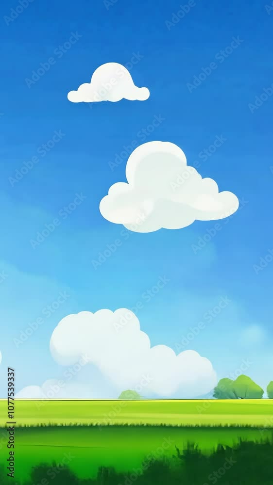 A beautiful, blue sky with fluffy white clouds above a field of green grass and a few trees in the distance A beautiful, blue sky with fluffy white clouds above a field of green grass and a few trees in the distance