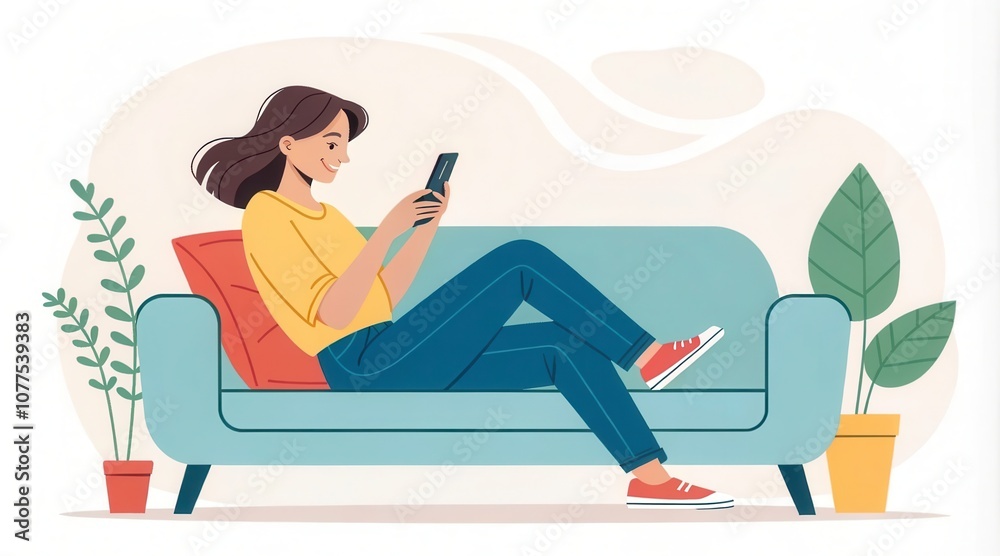 A Woman Relaxes on a Couch While Using a Smartphone in a Cozy Indoor Setting During the Day. Generative AI A Woman Relaxes on a Couch While Using a Smartphone in a Cozy Indoor Setting During the Day. Generative AI