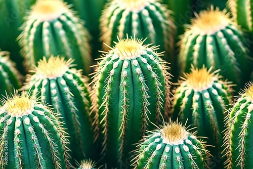 Numerous parodia leninghausii cacti thrive under the bright desert sun, their vibrant green bodies and golden spines creating a captivating natural pattern photo