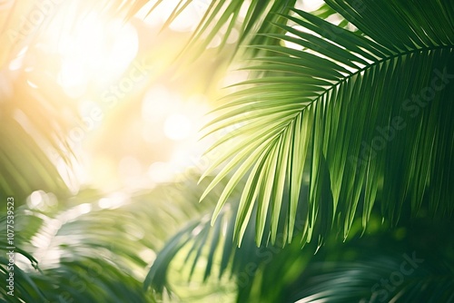 Basking in warm sunlight among lush green palm leaves, this tranquil tropical scene exudes serenity and calm, perfect for a relaxing summer vacation or peaceful escape