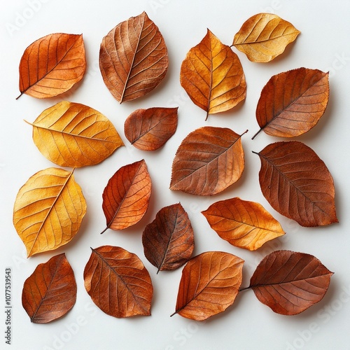 Autumn leaves arranged in a square pattern on a white background.