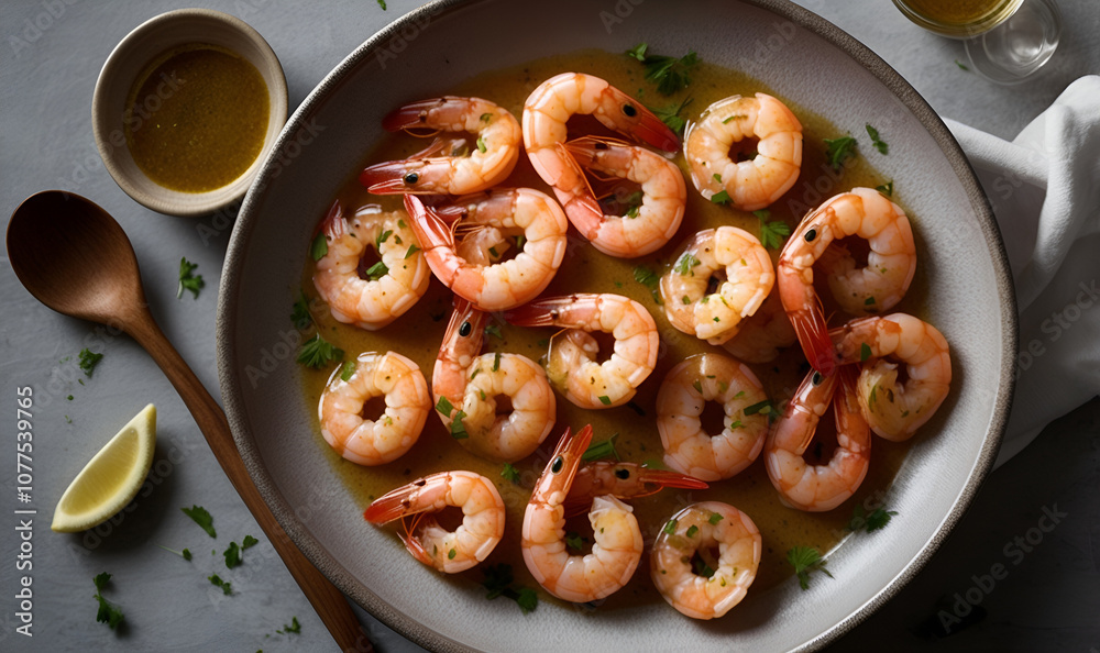 Textured shrimp in a flavorful garlic butter glaze with herbs. Textured shrimp in a flavorful garlic butter glaze with herbs.