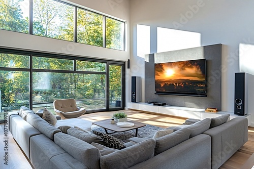Sunlight illuminates a modern living room featuring a large tv displaying a sunset scene, with comfortable sofas, a coffee table, and large windows offering a view of lush greenery