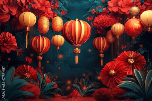 Red and gold lanterns hanging in a lush garden setting with red flowers and green leaves.