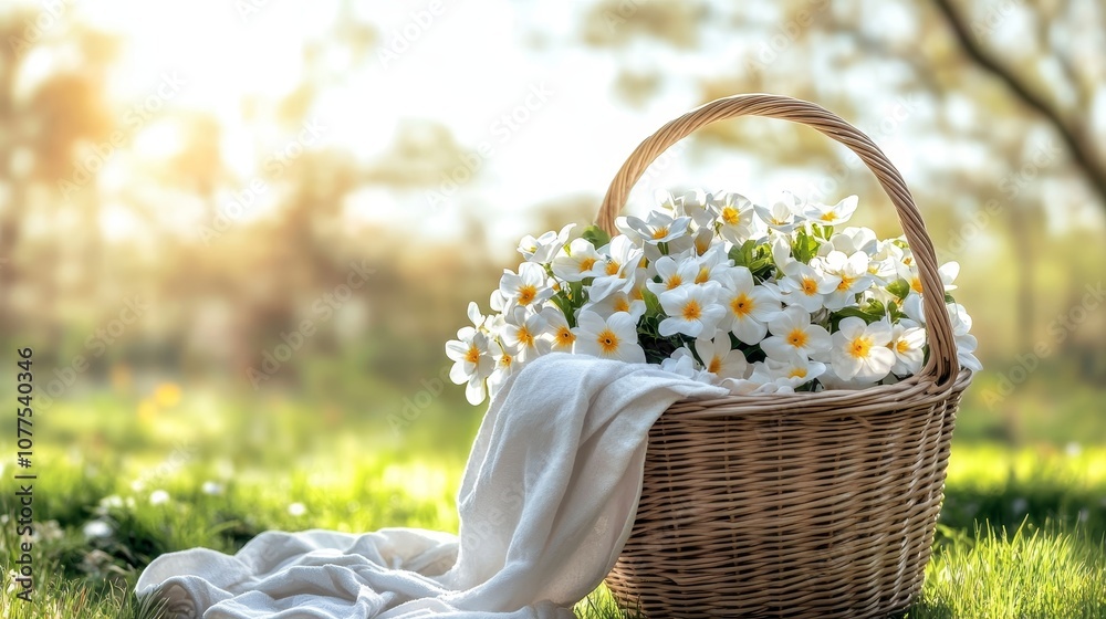 Wicker Basket Overflowing with White Primrose Flowers, Springtime Sunshine and Soft Blanket Wicker Basket Overflowing with White Primrose Flowers, Springtime Sunshine and Soft Blanket