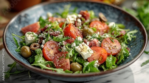 A close-up of a fresh salad with tomatoes, feta cheese, olives, and arugula in a blue bowl.