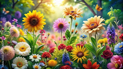 Vibrant Floral Illustration with Blooming Flowers and Lush Greenery for Seasonal Decor and Nature-Inspired Projects