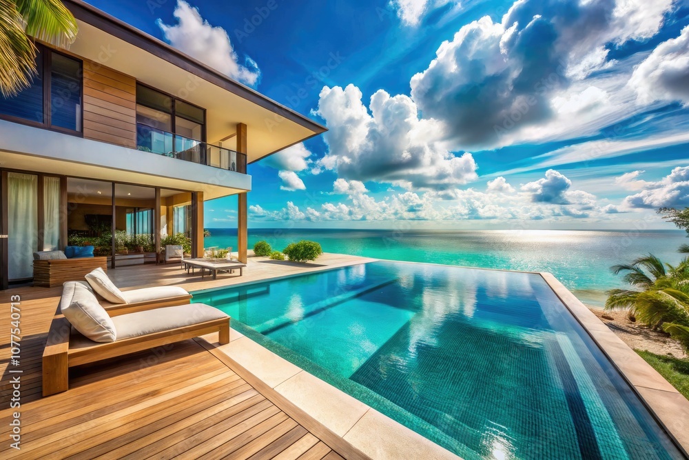 Fototapeta premium Vintage Minimalist Beachfront Villa with Infinity Pool and Ocean View for Luxury Travel Marketing and Real Estate Listings