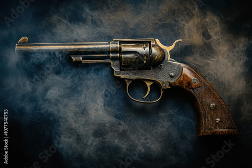 A vintage revolver with ornate engravings is surrounded by atmospheric smoke, highlighting its intricate design and historical significance.