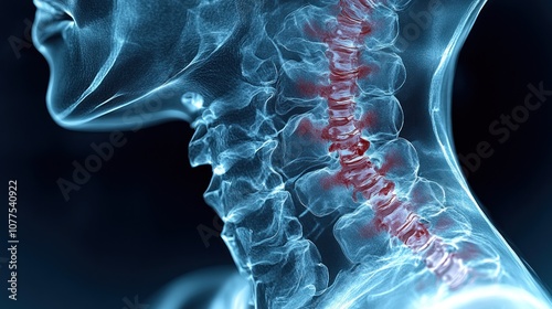 X-ray illustration of the human cervical spine with highlighted areas.