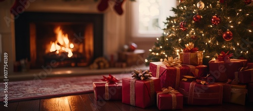 Christmas gifts under a tree near fireplace.