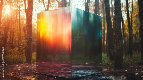 A reflective glass cube captures and distorts the light of a mysterious forest, creating an enigmatic blend of nature and modern art. photo