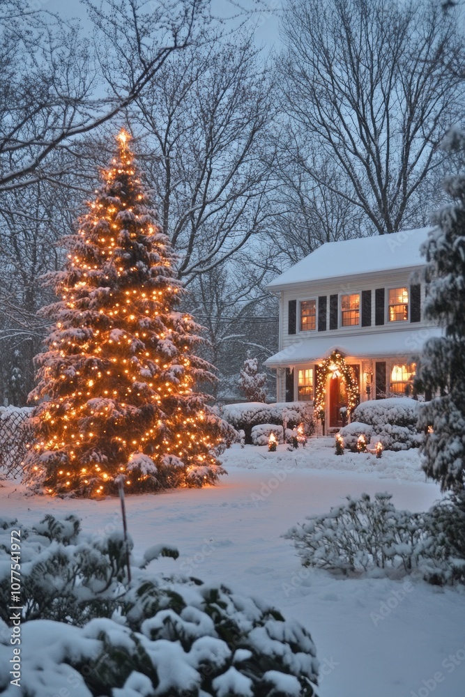 A charming, snow-dusted house adorned with festive lights, featuring a decorated Christmas tree in the front yard at dusk. A charming, snow-dusted house adorned with festive lights, featuring a decorated Christmas tree in the front yard at dusk.