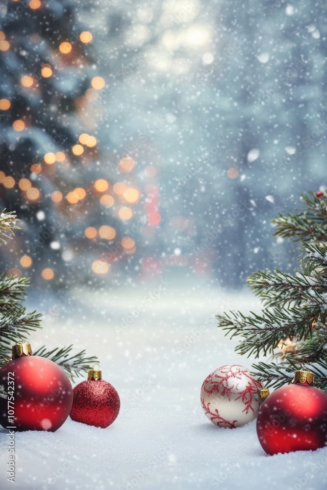 Obraz premium Three red and white ornaments rest on a snowy surface, evoking a festive holiday spirit in a winter wonderland setting.