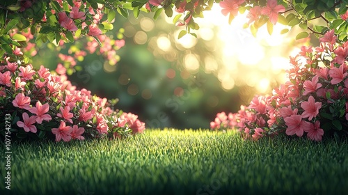 A serene garden scene with blooming pink flowers and lush green grass illuminated by sunlight.