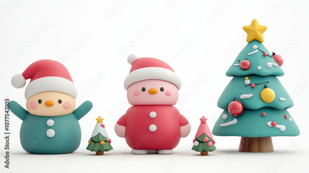 Three festive Christmas trees adorned with snowmen and a Santa hat, set against a snowy backdrop.