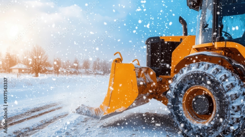 Heavy Bulldozer Clearing Snow on a Rural Road in Winter with Snowfall and a Beautiful Sunrise in the Background Heavy Bulldozer Clearing Snow on a Rural Road in Winter with Snowfall and a Beautiful Sunrise in the Background