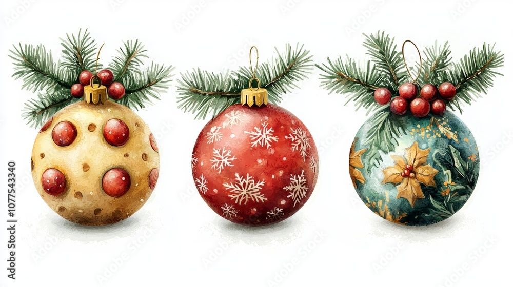 Naklejka premium Three festive Christmas ornaments dangle from a tree branch, sparkling in holiday cheer against a wintery backdrop.