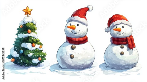 Three cheerful snowmen beside a decorated Christmas tree in a snowy landscape, capturing the festive holiday spirit.