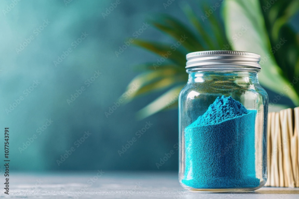 Vibrant Blue Spirulina Powder in a Jar with Green Background, Highlighting the Natural Health Benefits of Superfood Ingredients for Nutrition and Wellness Vibrant Blue Spirulina Powder in a Jar with Green Background, Highlighting the Natural Health Benefits of Superfood Ingredients for Nutrition and Wellness