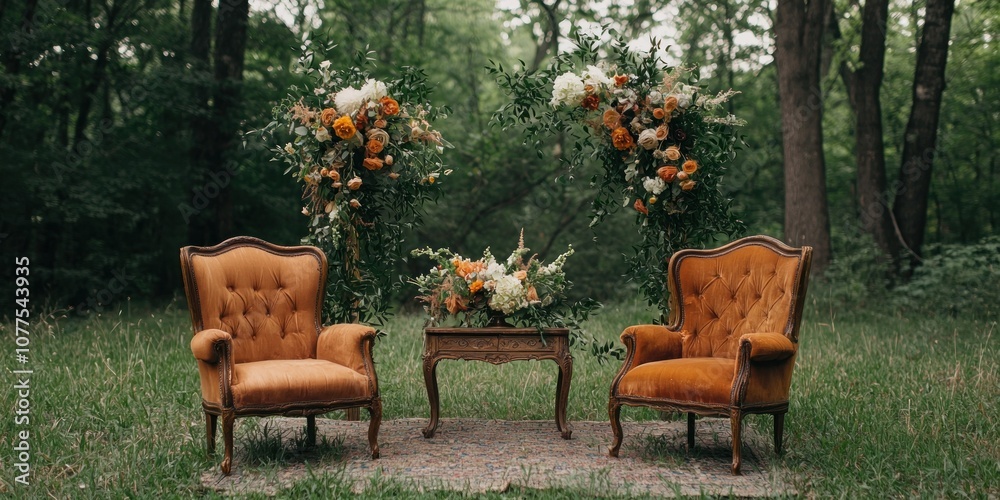 Obraz premium Two Antique Armchairs Flanked by Floral Arcs in a Wooded Setting
