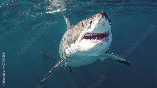 Great White Shark with Open Jaws Swimming in Clear Blue Water, a Diver is Visible in the Background. photo