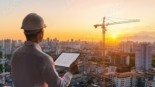 Engineer Reviewing Digital Plans on Tablet While Monitoring Construction Site at Sunset Over Urban Landscape with Crane and Buildings photo