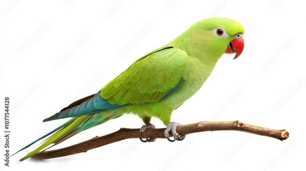 Green parrot perched on a branch. This image can be used for website backgrounds, brochures, or educational materials. Green parrot perched on a branch. This image can be used for website backgrounds, brochures, or educational materials.