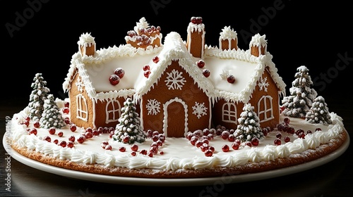 Gingerbread House with White Icing and Red Berries on a Cake Base photo