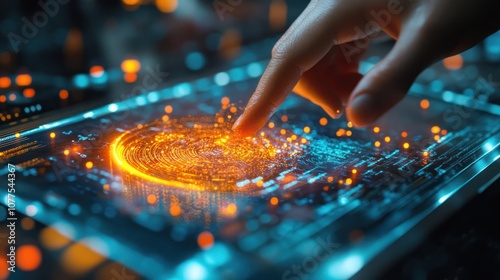 A finger touches a glowing circular interface on a futuristic device.