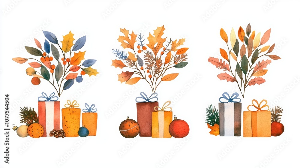 Three colorful gift boxes under leafy trees, creating a vibrant and festive atmosphere in a natural setting. Three colorful gift boxes under leafy trees, creating a vibrant and festive atmosphere in a natural setting.