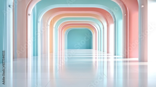 A visually striking corridor featuring pastel-colored arches that extend into the distance, casting soft reflections on the glossy floor, creating a serene ambiance.