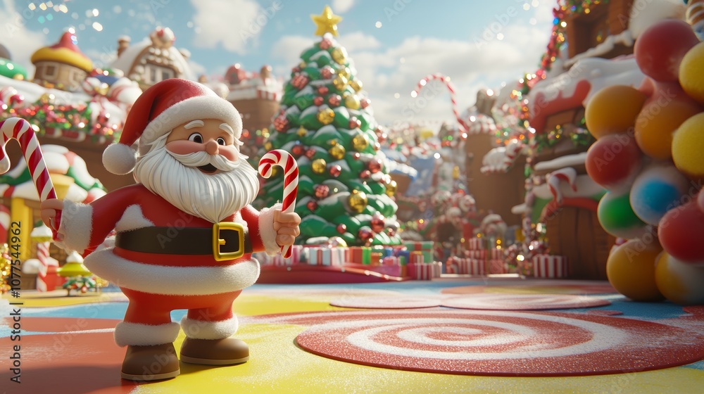 Santa Claus joyfully stands in a whimsical candy land, surrounded by vibrant sweets and festive decorations. Santa Claus joyfully stands in a whimsical candy land, surrounded by vibrant sweets and festive decorations.