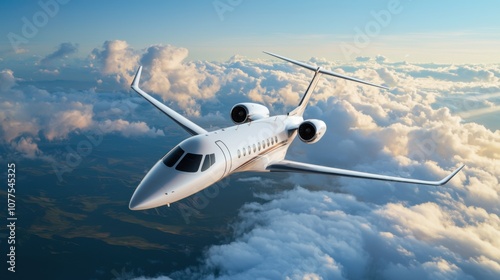 A Private Jet Soaring Through a Clear Blue Sky with Fluffy White Clouds, Capturing the Essence of Luxury Travel and Freedom in a Stunning Aerial Perspective photo