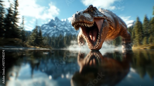 A dramatic dinosaur stands in a powerful pose by the water's edge, roaring fiercely, set against a dramatic mountain backdrop, exemplifying raw primal nature.