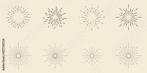 Isolated light beams on a white background. Retro-style hipster light bursts. Radiating star elements perfect for logos, tags, or emblems. Vector graphic illustration.