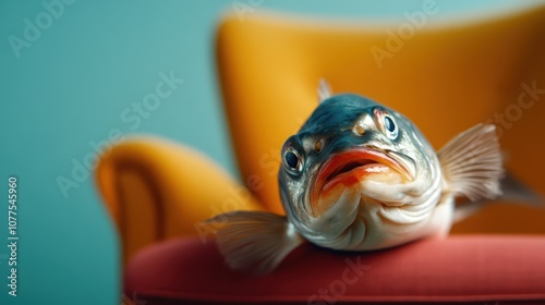 This image presents a surreal composition of a fish placed on a brightly colored chair, highlighting the contrast between the aquatic life and furniture.