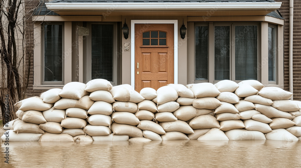 Residential home entrance protected with stacked sandbags during a flood event, waterlogged yard indicating recent excessive rain or overflowing river