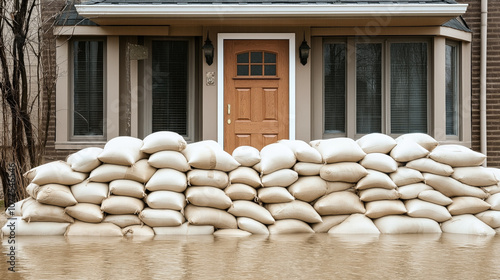 Obraz na płótnie Residential home entrance protected with stacked sandbags during a flood event, waterlogged yard indicating recent excessive rain or overflowing river w salonie