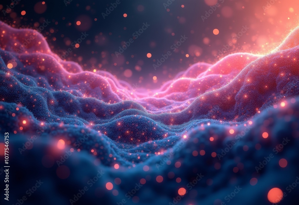Abstract visualization of waves flowing with luminous particles in a dark cosmic space environment