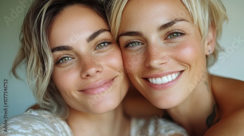 A close-up shot of two women with freckles, smiling warmly with natural makeup, showcasing camaraderie and joy while embracing natural beauty and friendship.