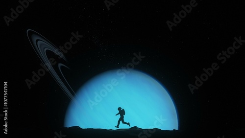 Running Astronaut Silhouetted by Rising Planet